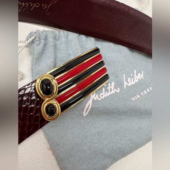 Judith Leiber Burgundy Snake/Leather Belt w/Gold Buckle and Black/Red accent - Picture 3 of 15